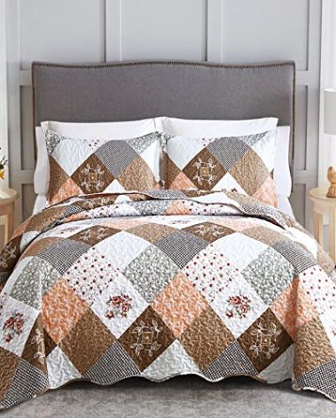 Dinjoy Floral Plaid Patchwork Quilt Set Full Size, Reversible Brown Bedding Set Soft Microfiber Lightweight Bedspread Coverlet 3 Piece Fall Autumn Summer Use (78x90 inches)