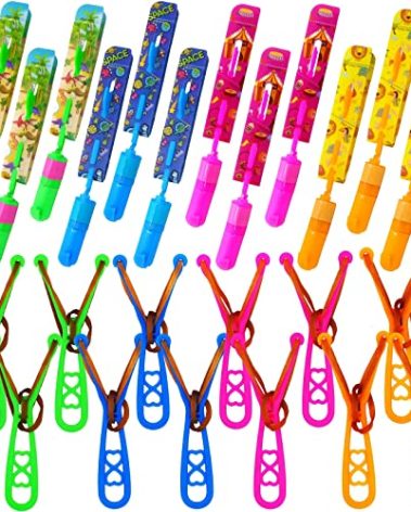 JX Rocket Slingshot Flying Toys with Led Lights,12Pcs LED Arrow Helicopters + 12Pcs Launchers,Summer Outdoor Game LED Slingshot Toy for Kids, Glow in The Dark Kids Party Supplies