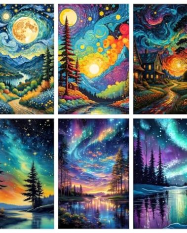 NEGEKFKX 6 Pack Aurora Diamond Art Kits for Adults Beginners,Landscape Diamond Painting Kits for Adults,5D Full Drill DIY Diamond Dot Gem Art Kit Wall Home Decor Arts Craft 16x12 inch