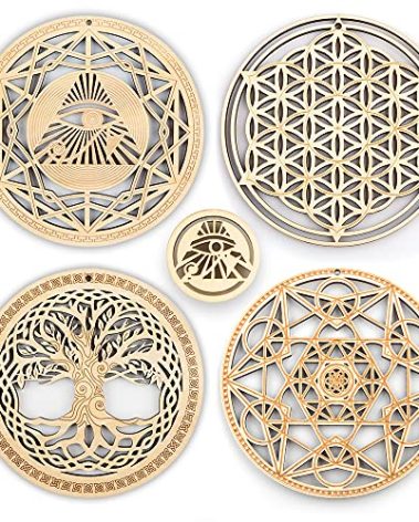 5.31" Sacred Geometry Wall Art 4 PCS Set, (The Eye of Horus, The Flower of Life, The Tree of Life, Metatron's Cube) Crystal Grid Meditation Chakra Wooden Wall Art Yoga Decor Spiritual Gifts