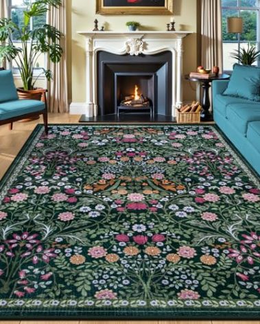 8x10 Area Rugs for Living Room: Floral Washable Rug Vintage Large Soft Boho Non-Slip Carpet Indoor Floor Stain Resistant Carpets for Bedroom Dining Room Farmhouse Nursery Home Office Dark Green