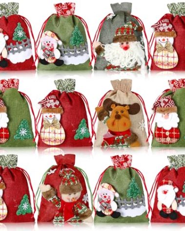 Abbylike 12 Pcs Christmas Gift Doll Bags, Drawstring Christmas Bags Bulk 3D Santa Claus Snowman Elk Reusable Xmas Burlap Sacks for Holiday Presents Wrapping, 8 x 11 In, 8.5 x 12 in