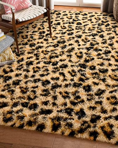 Amearea Fluffy Leopard Rug, Premium Cheetah Print Rugs, Soft Comfy Faux Fur Animal Print Carpet for Kids Room Bedroom, Living Room, Shaggy Teen Room Home Decor, Khaki 3x5 Feet
