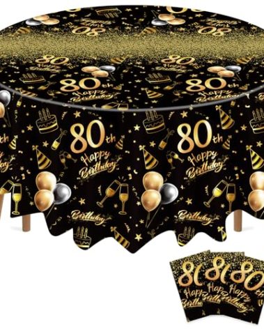Oudain 3 Pack 50th/70th/80th Round Birthday Tablecloth Black and Gold Happy Birthday Party Decorations 84 inch Disposable Plastic Table Cover Anniversary Party Supplies for Men Women(80th)