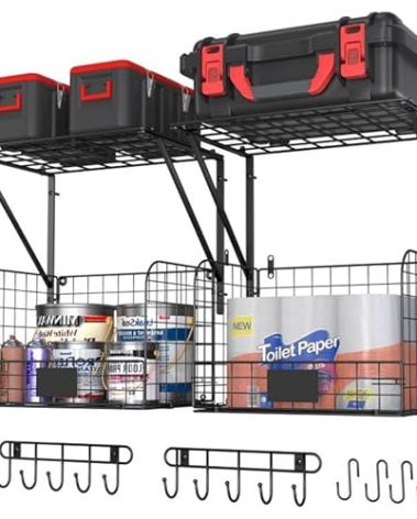 ThreeHio 2 Pack Garage Shelves Wall Mounted with Wire baskets, Heavy Duty Garage Wall Shelving with Hooks, Wire Shelf Baskets Tool Organizer for Home Garden Garage Organization and Storage