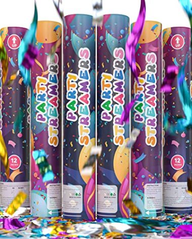 No Mess Streamer Confetti Cannon Party Poppers | 6 Pack | Multicolor Streamers | Glitter Bomb Confetti Shooters | Decoration for Birthday, Wedding | Launches 25 ft | 12 inch | TUR Party Supplies