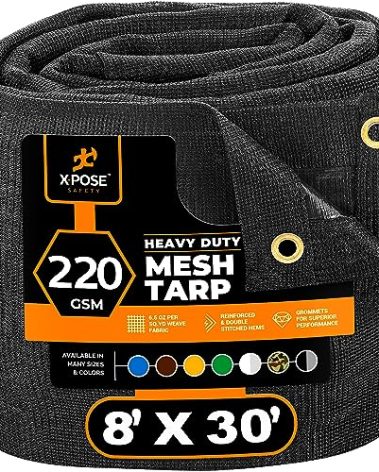 Xpose Safety Heavy Duty Mesh Tarp – 8' x 30' Multipurpose Black Protective Cover with Air Flow - Use for Tie Downs, Shade, Fences, Canopies, Dump Trucks – Waterproof, Weather and Tear Resistant