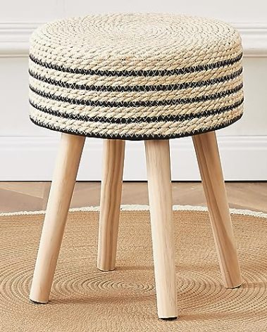 Cpintltr Round Ottoman Footstool Natural Seagrass Foot Stool Pouf Ottomans with Solid Wood Legs Hand Weave Hyacinth Footrest Step Stool for Living Room Balcony Garden Natural & Black