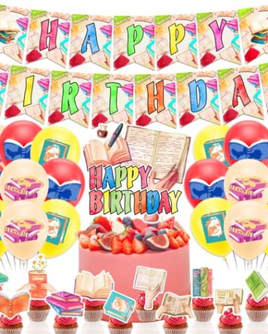 Books Party Decorations Book Club Birthday Party Supplies Includes Book Happy Birthday Banner Cake Topper Cupcake Toppers Balloons for Library Party Decorations