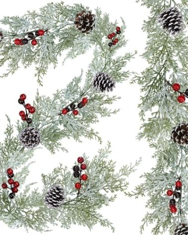 Winly 2 Pcs Artificial Snowy Cedar Garland with Pine Cones and Red Berries Christmas Greenery Garland 6 Ft Christmas Wedding Winter Holiday Party Table Runner Mantle Seasonal Centerpiece Decoration