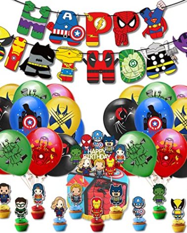 Superhero Party Supplies Superhero Party Decorations, 20Pcs Superhero Balloons, 1Pcs Happy Birthday Banner, 13Pcs Superhero Cake and Cupcake Toppers for Kids Birthday Party