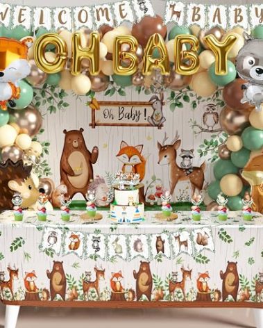BORAMDO Woodland Animals Baby Shower Decoration Pack Forest Animal Neutral Gender Reveal Party Supplies Woodland Themed Birthday Party Ideas Set 106 Pcs Backdrop, Tablecloth, Cake Toppers, Balloons