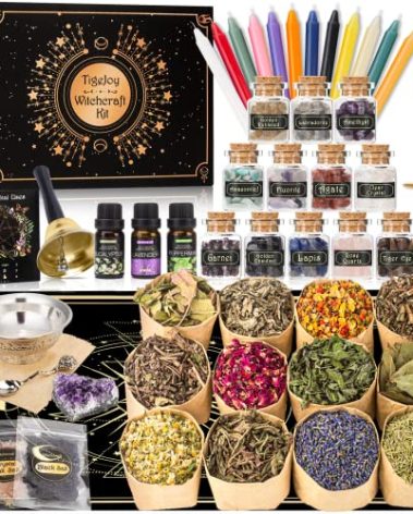 TigeJoy Witchcraft Supplies Witch Stuff Spell Kit, 61 PCS Wiccan Supplies and Tools, Witch Gift Wiccan Starter Kit Altar Supplies Pagan Decor Include Dried Herb Crystal Candle Amethyst Black Salt