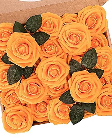 N&T NIETING Artificial Flowers, Fake Flowers Orange Roses Perfect for DIY Wedding Bridal Bouquets Centerpieces Bridal Shower Party Home Flower Arrangement Decorations, 25Pcs