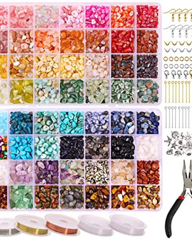QUEFE 1800pcs 56 Colors Crystal Beads, Ring Making Kit, Gemstone Chip Beads Irregular Natural Stone with Jewelry Making Supplies for DIY Craft Bracelet Necklace Earrings, Craft Gifts