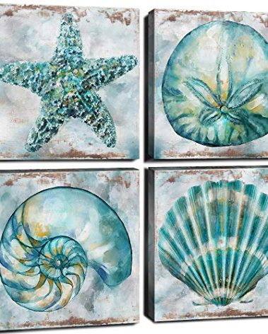 Farmhouse Seashell Bathroom Decor Teal Blue Beach Starfish Wall Art Modern Rustic Coastal Artwork for Walls Watercolor Aqua Sea Conch Shells Pictures Canvas Print Bedroom Kitchen Decorations 12x12" 4P