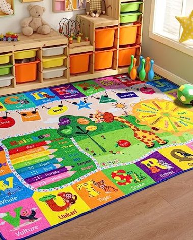 B BENRON 5x7 Playroom Rugs for Kids Washable, Educational and Fun Playmat with ABC Alphabet Animals Shapes Colors, Non-Slip Play Mat Learning Rugs for Baby Toddler Children Game Activity