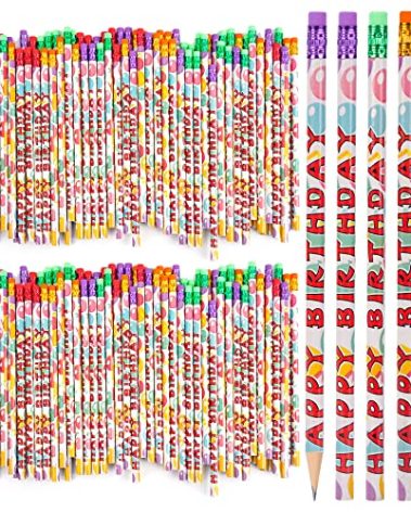 Kolewo4ever 200Pcs Happy Birthday Pencils Colorful Printed Pencils for Students Happy Birthday Teacher Pencil Classroom with Top Erasers for Kids Birthday Party Supplies Favors