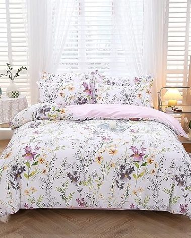 URBONUR Floral Duvet Cover Set Queen Size 3-Pieces 100% Cotton Wildflowers Comforter Cover, Chic Garden Flowers Bedding Set, Soft Breathable Bed Linen Set