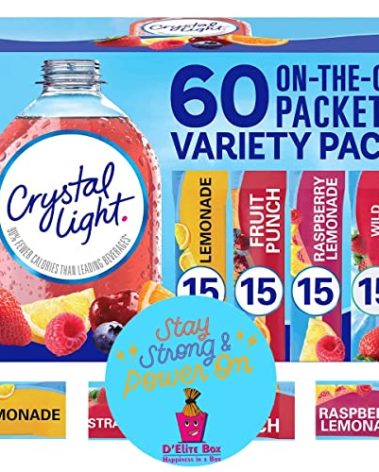 Crystal Light Sugar-Free, Lemonade, Fruit Punch, Raspberry Lemonade and Wild Strawberry On-The-Go Powdered Drink Singles Mix Variety Pack, 60 Count, Each Packet Dissolves into any 16.9 oz. container and comes with a Bonus Inspirational Magnet by D'Elite Box