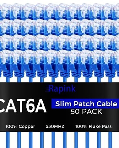 Rapink Patch Cables Cat6a 1ft (50 Pack) Slim, Cat6a Ethernet Patch Cable 10G Support, Snagless Cat 6 Patch Cable for Patch Panel to Switch, Flexiable Cat 6a Ethernet Cable with Gold Plated