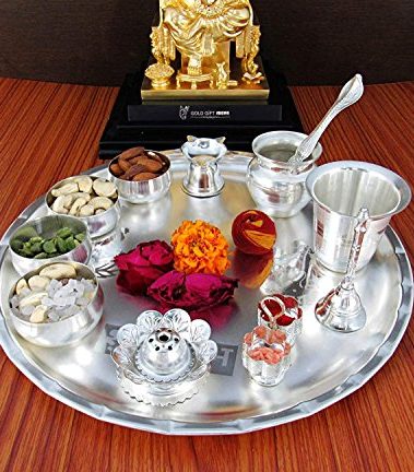 GoldGiftIdeas 12 Inch Sarovar Silver Plated Pooja Thali Set for Gift, Pooja Thali Decorative Plate, Pooja Items for Home, Wedding Gift