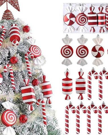 14Pcs Christmas Candy Cane Lollipop Ornaments for Christmas Tree Decorations,Red and White 6.5Inch Assorted Shapes Hanging Ornament with Ribbon for Xmas New Year Holiday Festival Home Party Decor