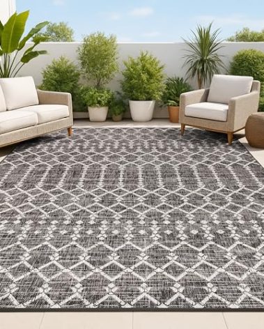 JONATHAN Y Moroccan Geometric Indoor Outdoor Area Rug 5X8 Black/Gray, Ourika Textured Weave for Backyard, Patio, Porch, Easy-Cleaning, High Traffic, Pet-Friendly, Non-Shedding (SMB108F-5)