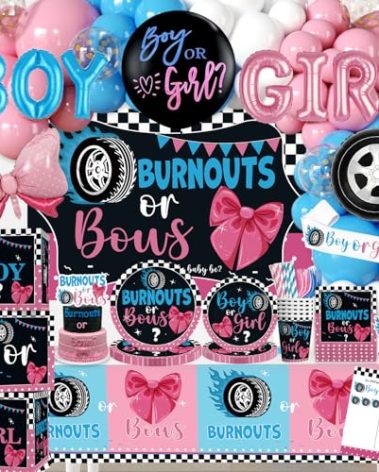 Cocomigo 245pcs Burnouts or Bows Gender Reveal Decorations, One-stop Baby Gender Reveal Decorations Include Burnouts or Bows Plates Backdrop Tablecloths Balloon and Stickers