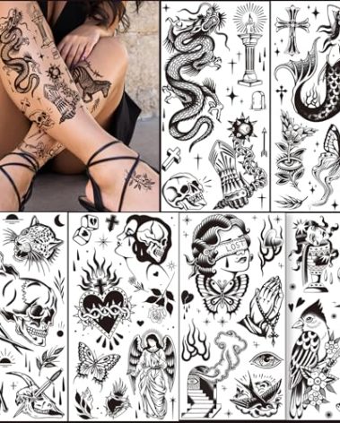 Tazimi 12 Sheets Large Black Old School Temporary Tattoos for Women Men& Adult, Traditional American Retro Styles Half Arm/DIY Free Combination Waterproof Classic Fake Tattoos Tattoo