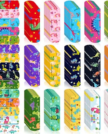 Estune 300 Pcs Kids Bandages Bulk Dinosaur 15 Styles Fun Children's Adhesive Colorful PE Flexible Cute Cartoon Dinosaur Bandages Variety Pack for Kids Boys Girls Students School Classroom