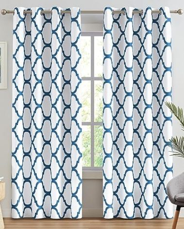 Melodieux Moroccan Printed Room Darkening Blackout Grommet Curtains for Living Room Bedroom, 52 by 96 Inch, Off White/Royal Blue (2 Panels)