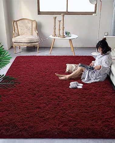 DweIke Extra Large 9x12 ft Burgundy Red Area Rugs for Bedroom Living Room, Fluffy Soft Plush Shaggy Wine Maroon Girls Boys Kids Rug, Non-Slip and Machine Washable Carpet for Rooms Decor