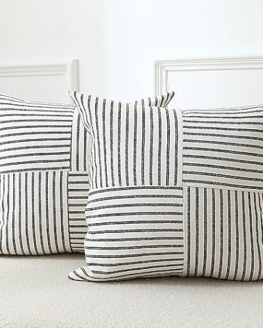 Throw Pillow Covers 18 x 18 Inch Farmhouse Pillow Covers, Set of 2 Black Striped Textured Patchwork Squarer Pillow Case for Sofa Sofa Chair Bedroom Modern Decor
