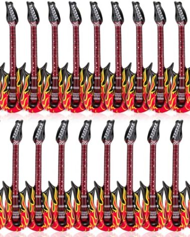 Gemscream 21 Pcs Inflatable Guitar for Parties 35 Inch Red Color Hot Fiery Flame Rock Blow Guitars with a Pump Rock Instrument DJ for 80s 90s Party Carnival Decorations (Single Style)