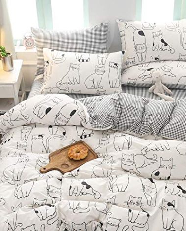 BlueBlue Cats Kids Duvet Cover Set Twin, 100% Cotton Bedding for Boys Girls Teens Single Bed, Cartoon Cats Pattern Print on White, 1 Animal Comforter Cover 2 Pillowcase (Twin, Cute Cat)