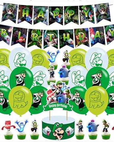 Luigi Mansion Birthday Party Decorations, Halloween Horror Theme Party Supplies with Happy Birthday Banner, Cake Toppers, Balloons for Fans Adults Party Favors
