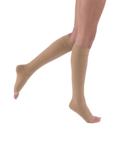 JOBST Relief 15-20 mmHg Compression Stockings, Knee High, Open Toe | Compression Socks for Women/ Men for Tired, Aching or Swollen Legs, Minor Varicosities | Beige, Large Full Calf