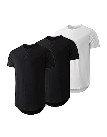 JMIERR Men's 3 Pack Cotton Hipster Hip Hop Longline Crewneck T-Shirt, Short Sleeve Gym Workout Athletic T Shirts for Men Pack,4XL, Black/Black/White
