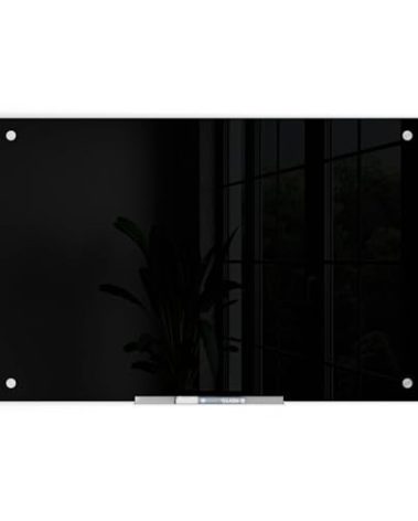 U Brands Glass Dry Erase Board, 24" x 36", Black Surface with Silver Grommets, Frameless, Includes Marker with Built-in Eraser