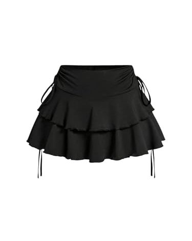 PRSFPN Women's Y2k Mini Ruffle Skirts with Shorts Tiered Layers Cute Elastic Waist Coquette Skort Drawstring Side Bow Tie (Black, X-Small)