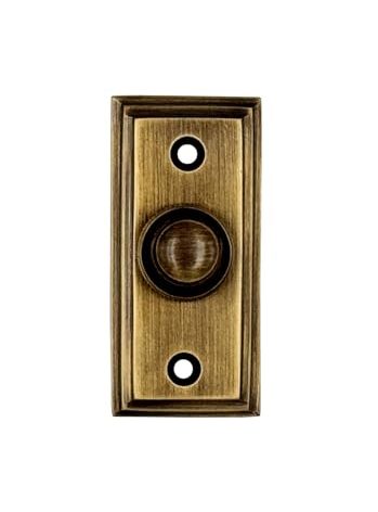 A29 Antique Brass Doorbell Button – 2 1/2" x 1 1/7" – Decorative Style Push Button in Brass with Recess Mount – Vintage Finish, Wired for Two-Wire Chimes, Weather Resistant, Easy DIY Installation