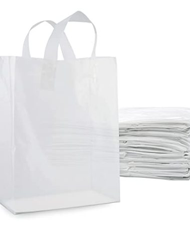 Prime Line Packaging Plastic Gift Bags with Handles, Frosted Tote Bags for Shopping, Small Business, Boutiques Supply, Retail, Bulk, 10x5x13, 100 Pack