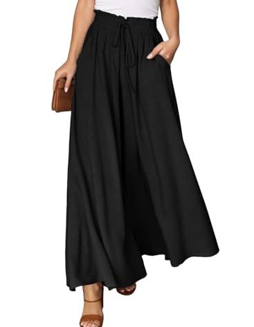 Dokotoo Womens Wide Leg Pants with Tie Drawstring Women Beach Fashion Clothing 2025 Spring Casual Loose High Waisted Palazzo Linen Pants for Women Soft Lounge Trousers with Pockets Black XL