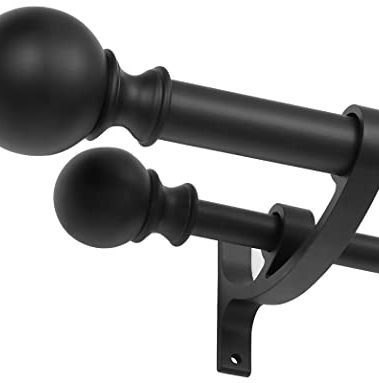 Double Curtain Rods 48 to 84 Inch, Matte Black, Decorative With Round Finials for Window, 1-Inch Front and 5/8 Inch Back Rod