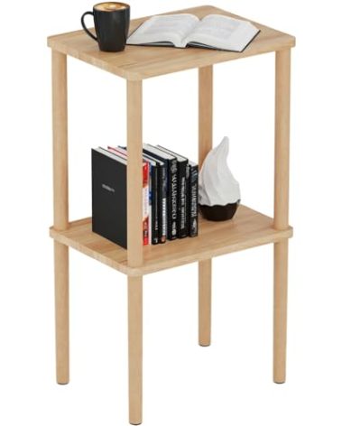 exilot Solid Wood Side Table, 2-Tier Small End Table with Storage Shelf, Tall Nightstand Bedside Table for Bedroom, Living Room, Kids Room & Small Spaces. No-Tool Assembly.