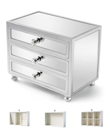 Gifturbo 3 Layer Mirror Glass Jewelry Box for Women, Girls Jewelry Organizer Box, 3 Layers Jewelry Storage Organizer for Earring, Ring, Necklace, Bracelets, Sliver