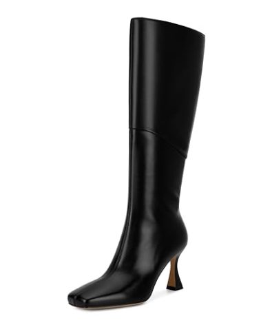 DOEYG Black Leather Knee High Boots for Women Kitten Heel Tall Boots Square Toe Stiletto Heels Heeled Boots Dressy Fashion Long Boots Side Zipper Size 7