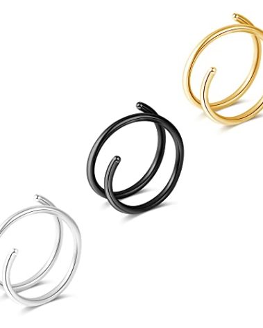 Fzroezz Double Hoop Nose Ring for Single Piercing Nose Piercing Jewelry Nostril Twist Spiral Nose Ring Loop Real Nose Hoops for Women Men Surgical Steel 18G Hypoallergenic Easy Bendable 3PCS Silver Black Gold 8mm