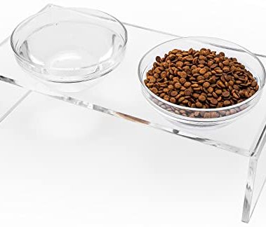 Acrylic Elevated Dog Cat Bowls Pet Feeder Double Bowl Raised Stand Comes with 2 Removable Glass Bowls and 2 Stainless Steel Bowls.Perfect for Medium Dogs, 5.5" Tall